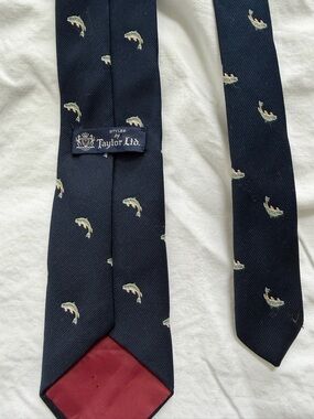 Taylor Navy Silk Tie with Small Fish Embroidery